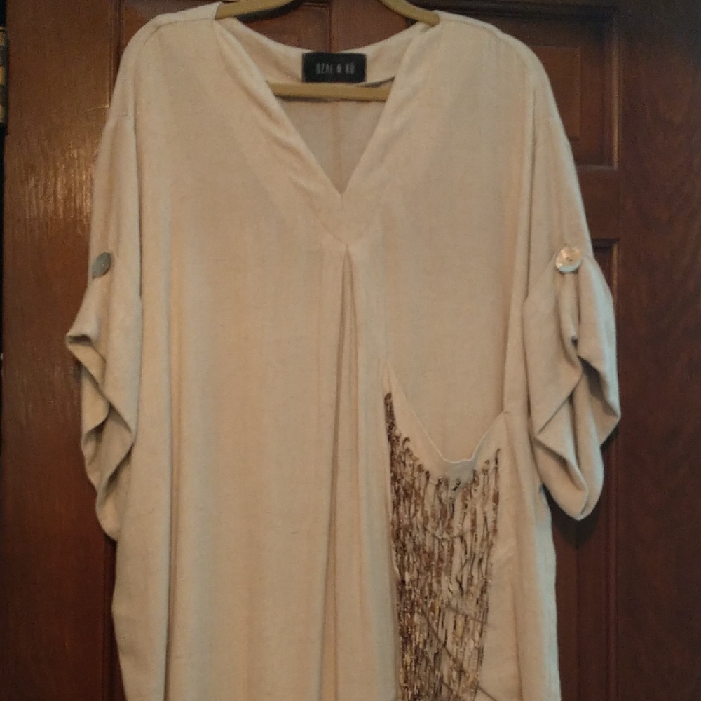 Ozai N Ku, Alembika, Greek, Unique Kaftan Dress, Linen Blend,‎ Size Large, EUC